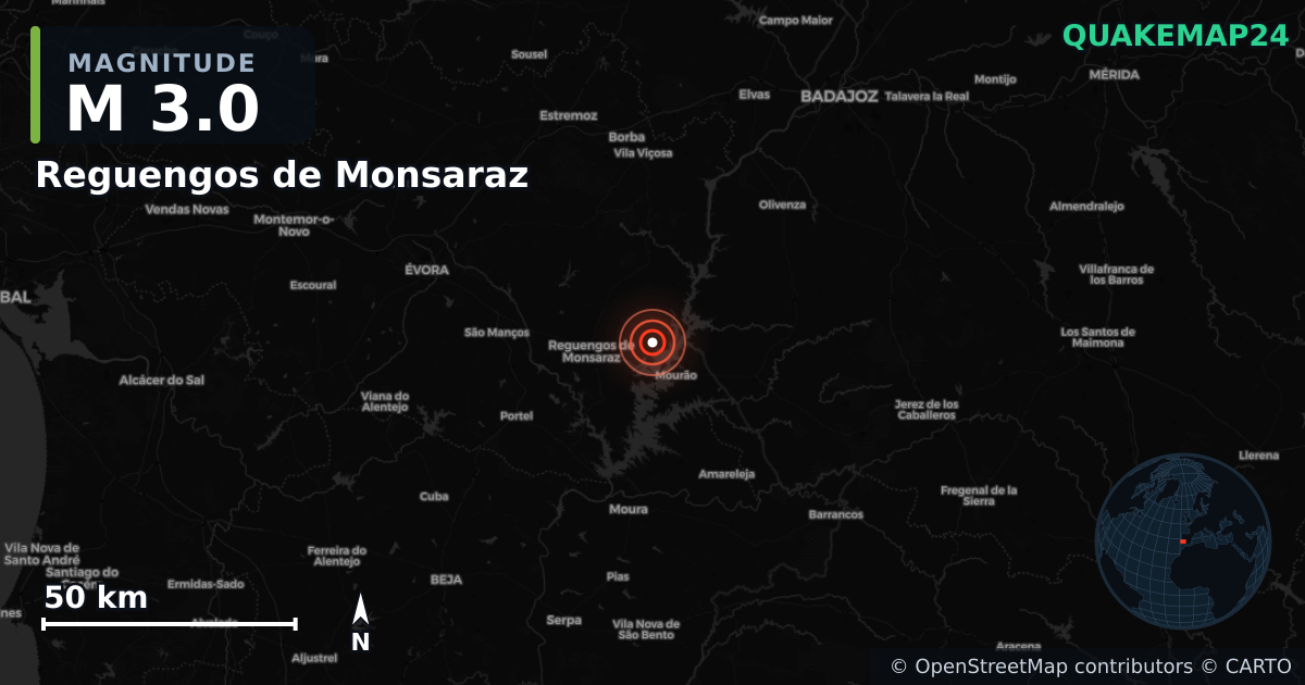 M3.0 earthquake near Reguengos de Monsaraz on Jul 5, 2026 — map of epicenter and shaking intensity | QuakeMap24