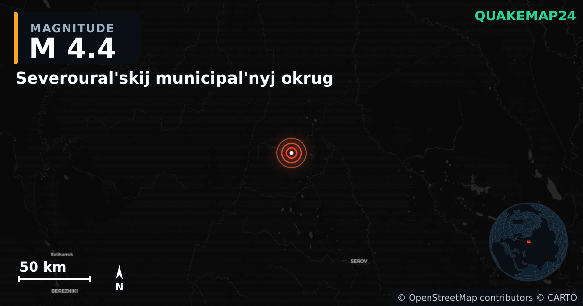 M4.4 earthquake near Severoural'skij municipal'nyj okrug on May 5, 2026 — map of epicenter and shaking intensity | QuakeMap24