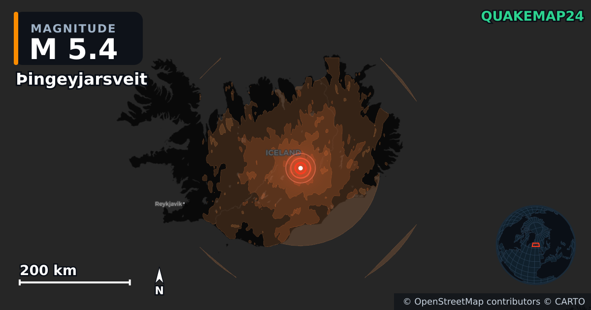 M5.4 earthquake near Þingeyjarsveit on Jul 28, 2026 — map of epicenter and shaking intensity | QuakeMap24