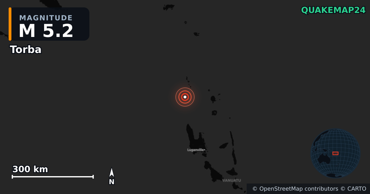 M5.2 earthquake near Torba on Sep 27, 2025 — map of epicenter and shaking intensity | QuakeMap24