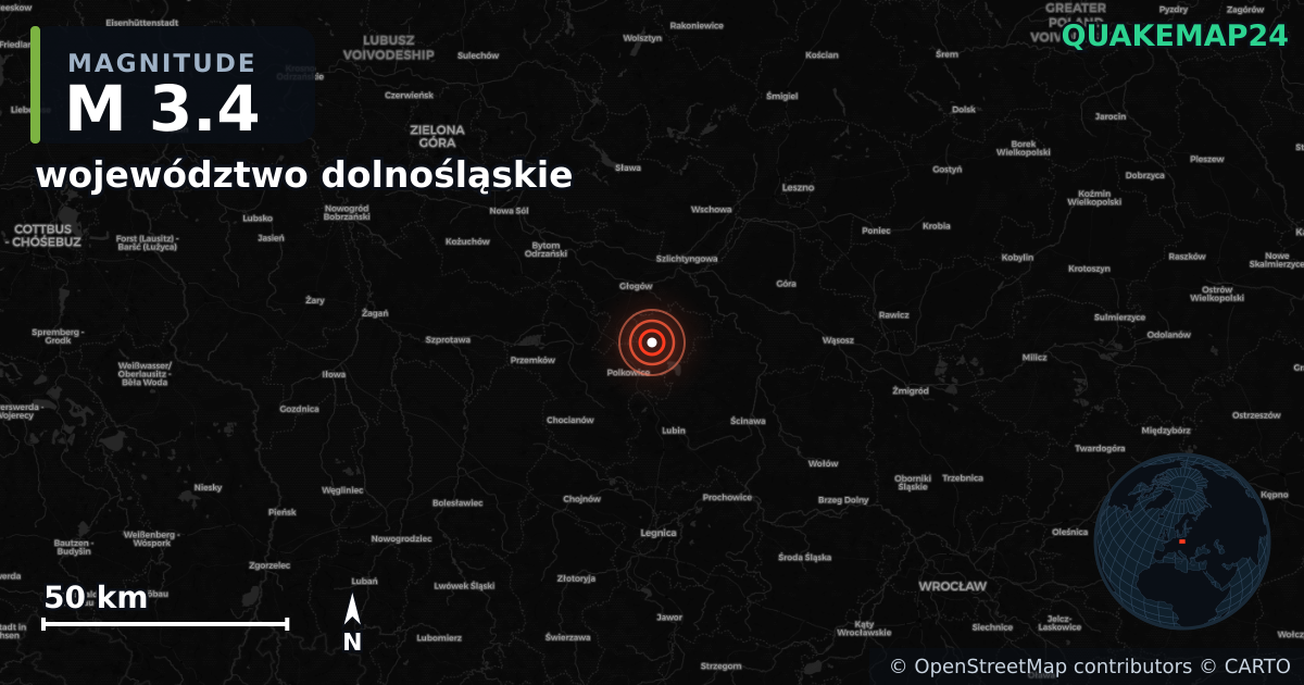 M3.4 earthquake near województwo dolnośląskie on Aug 20, 2025 — map of epicenter and shaking intensity | QuakeMap24