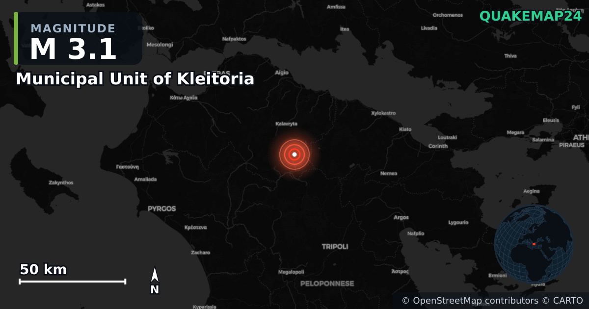 M3.1 earthquake near Municipal Unit of Kleitoria on Jul 1, 2026 — map of epicenter and shaking intensity | QuakeMap24
