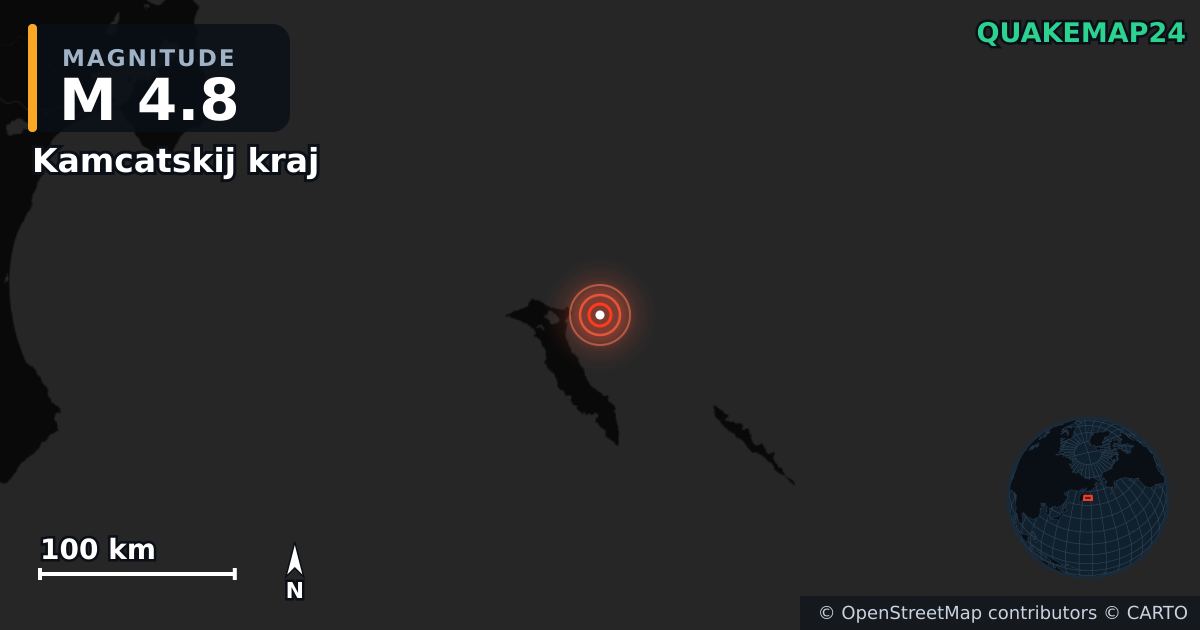 M4.8 earthquake near Kamcatskij kraj on Sep 9, 2025 — map of epicenter and shaking intensity | QuakeMap24