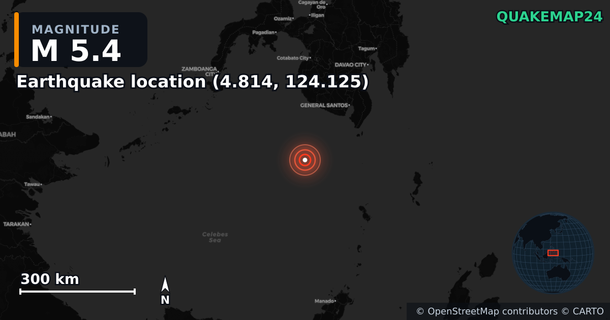 M5.4 earthquake near Earthquake location (4.814, 124.125) on Aug 12, 2025 — map of epicenter and shaking intensity | QuakeMap24