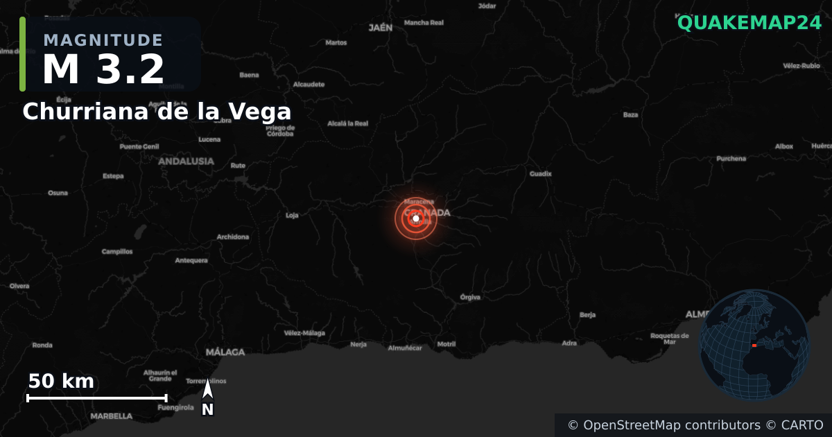 M3.2 Earthquake near Churriana de la Vega, Andalusia (Spain) · 2026-09-16 — Map showing the location of the epicenter