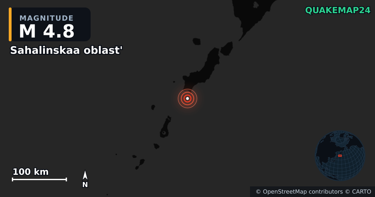 M4.8 earthquake near Sahalinskaa oblast' on Jul 30, 2025 — map of epicenter and shaking intensity | QuakeMap24