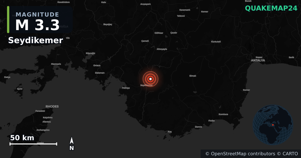 M3.3 earthquake near Seydikemer on Jul 26, 2025 — map of epicenter and shaking intensity | QuakeMap24