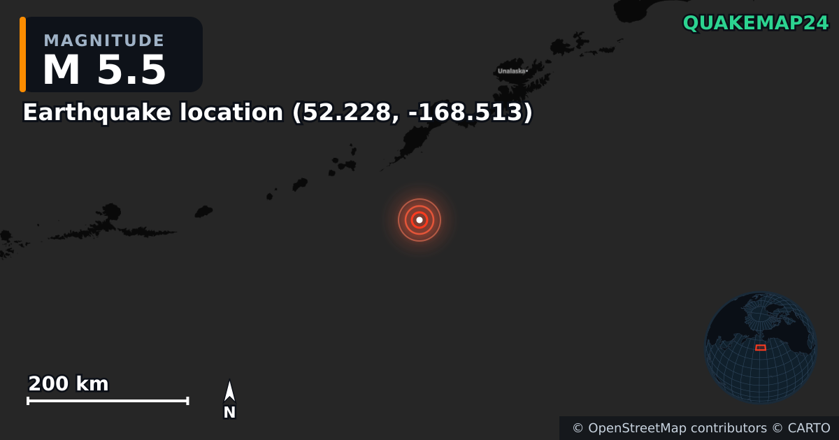 M5.5 earthquake near Local do sismo (52.228, -168.513) on Apr 28, 2025 — map of epicenter and shaking intensity | QuakeMap24