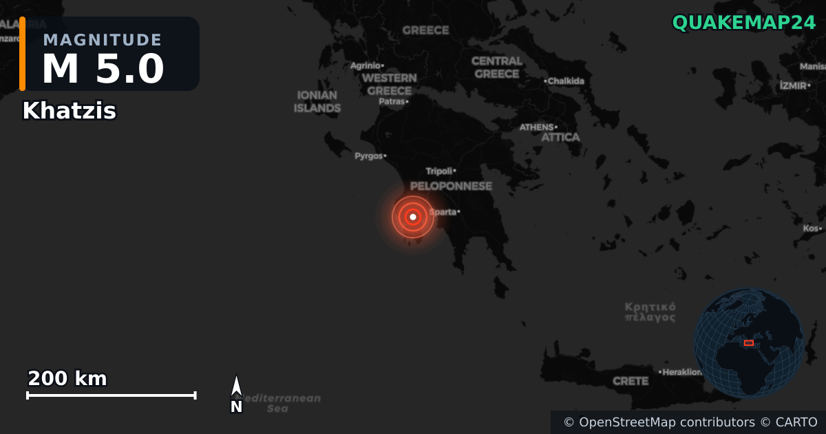 Erdbeben M5,0 bei Khatzis, Peloponnese Region (Griechenland) · 2026-06-14 — Karte der Lage des Epizentrums