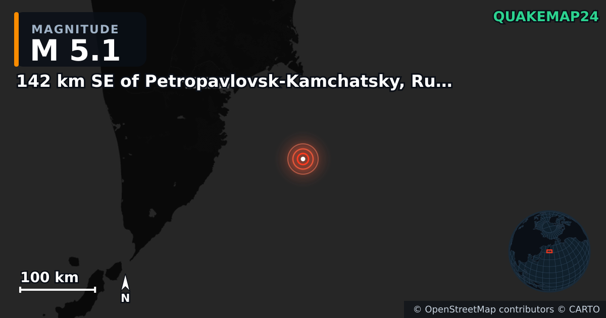 M5.1 earthquake near 142 km SE of Petropavlovsk-Kamchatsky, Russia on Aug 29, 2025 — map of epicenter and shaking intensity | QuakeMap24