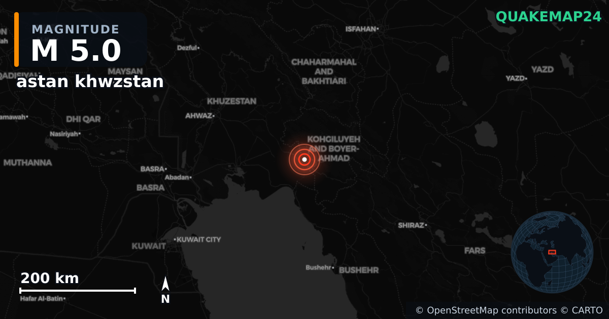 M5.0 earthquake near astan khwzstan on May 27, 2025 — map of epicenter and shaking intensity | QuakeMap24