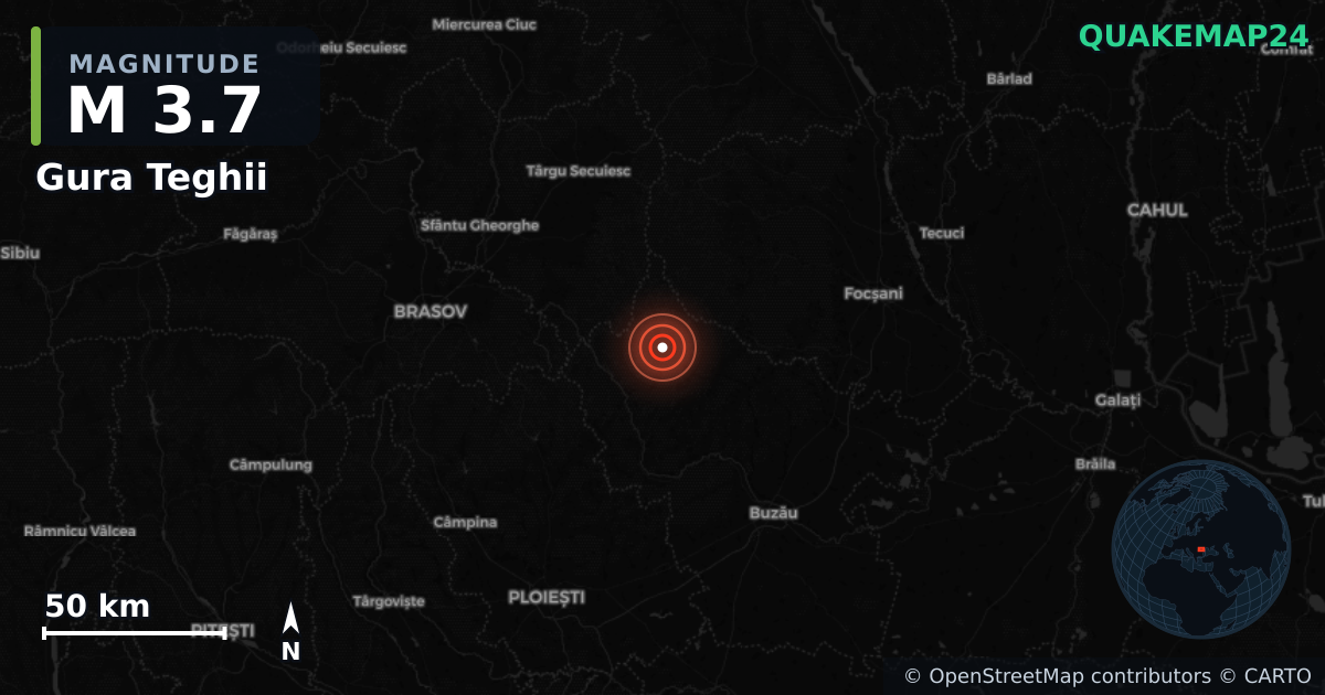 M3.7 earthquake near Gura Teghii on Feb 1, 2026 — map of epicenter and shaking intensity | QuakeMap24