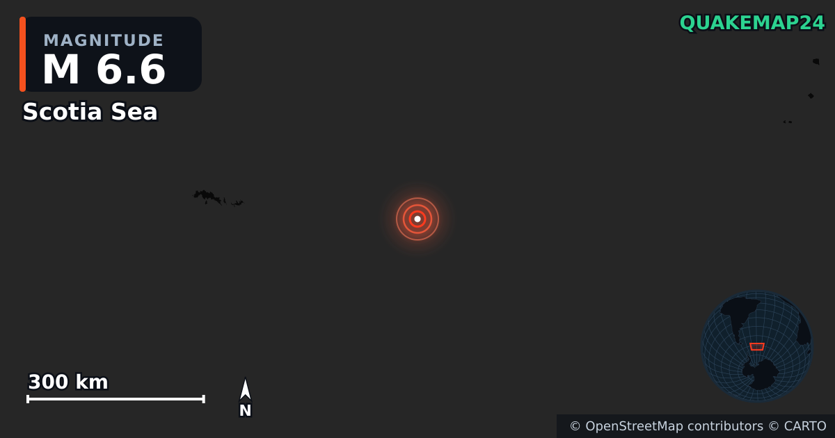 M6.6 Earthquake near Scotia Sea · 2025-06-28 — Map showing the location of the epicenter