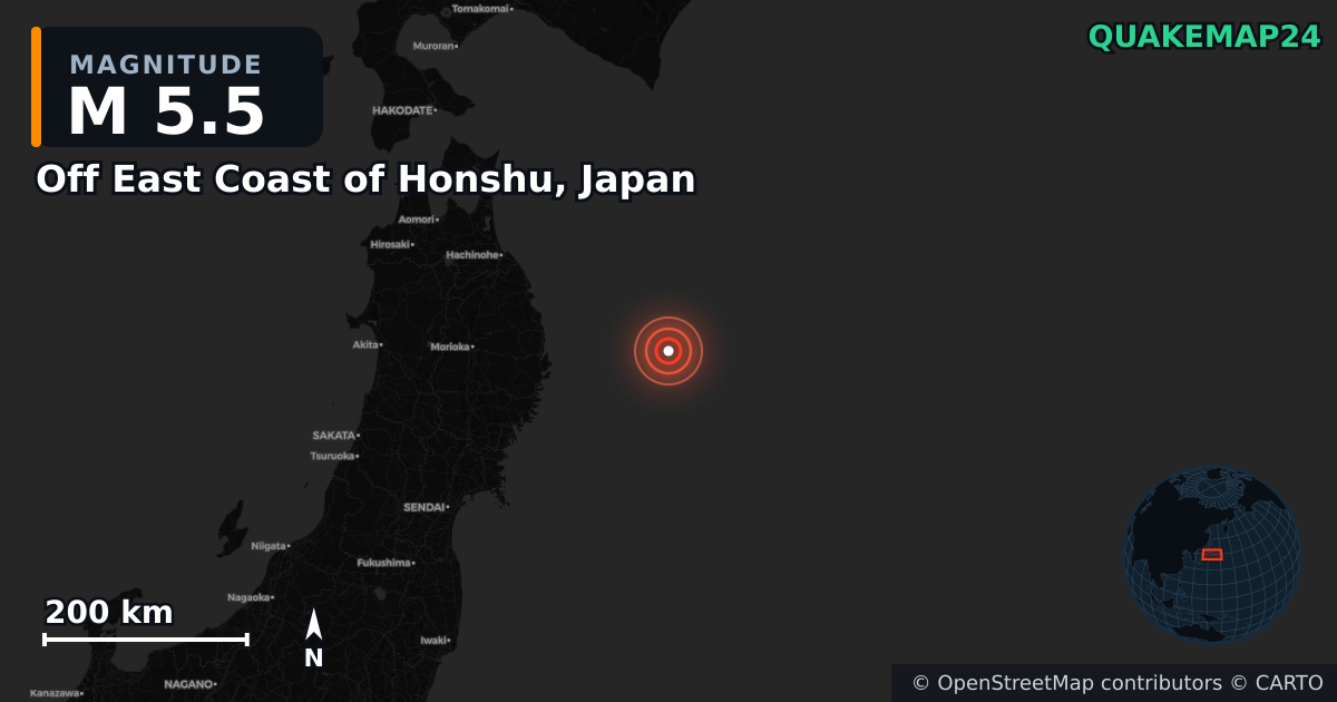 M5.5 earthquake near Off East Coast of Honshu, Japan on Nov 21, 2025 — map of epicenter and shaking intensity | QuakeMap24