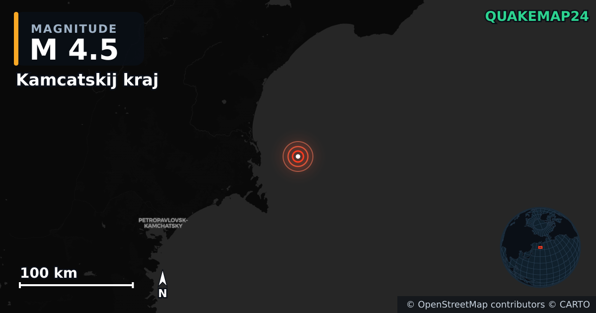 M4.5 earthquake near Kamcatskij kraj on Sep 13, 2025 — map of epicenter and shaking intensity | QuakeMap24