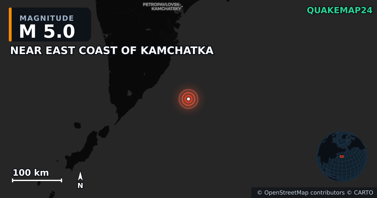 M5.0 earthquake near NEAR EAST COAST OF KAMCHATKA on Jul 30, 2025 — map of epicenter and shaking intensity | QuakeMap24