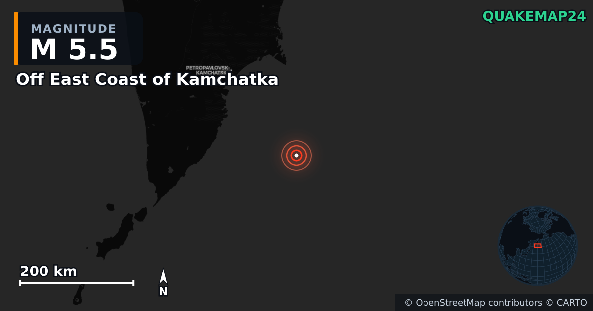 M5.5 earthquake near Off East Coast of Kamchatka on Oct 4, 2025 — map of epicenter and shaking intensity | QuakeMap24