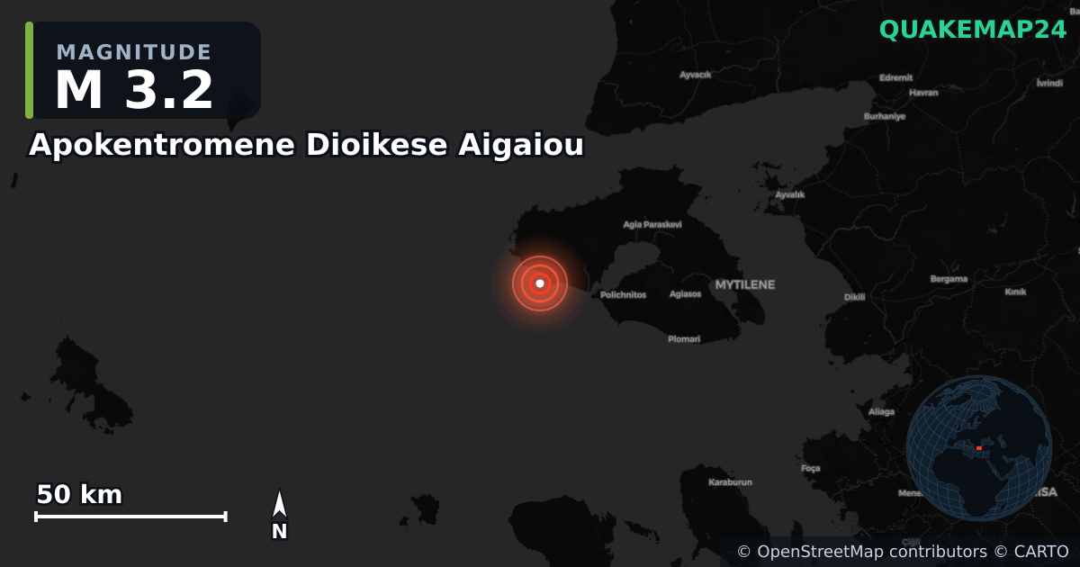 M3.2 earthquake near Apokentromene Dioikese Aigaiou on Nov 28, 2025 — map of epicenter and shaking intensity | QuakeMap24