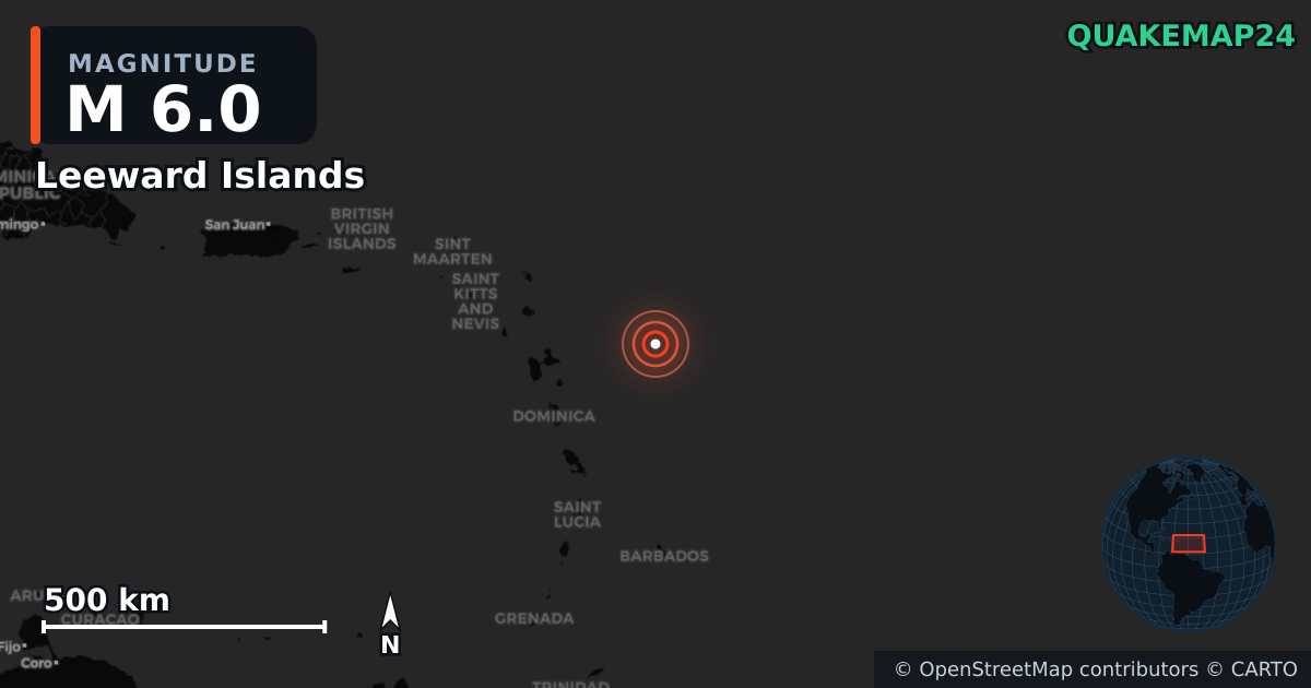 M6.0 Earthquake near Leeward Islands · 2025-10-27 — Map showing the location of the epicenter