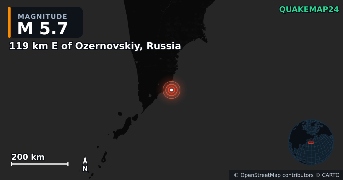 M5.7 earthquake near 119 km E of Ozernovskiy, Russia on Oct 9, 2025 — map of epicenter and shaking intensity | QuakeMap24