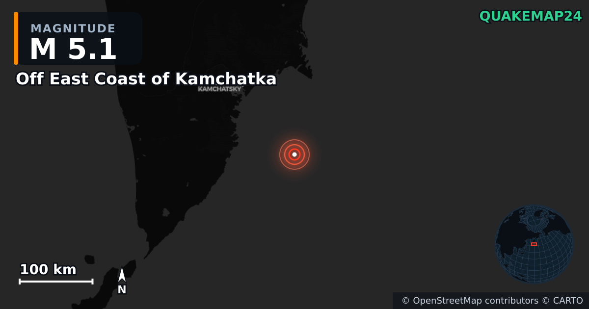 M5.1 earthquake near Off East Coast of Kamchatka on Nov 3, 2025 — map of epicenter and shaking intensity | QuakeMap24
