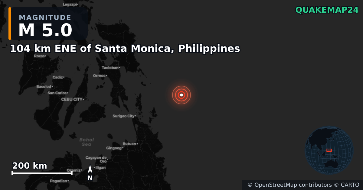 104 km ENE of Santa Monica, Philippines yakınında M5,0 deprem — Deprem merkez üssünün konumunu gösteren harita