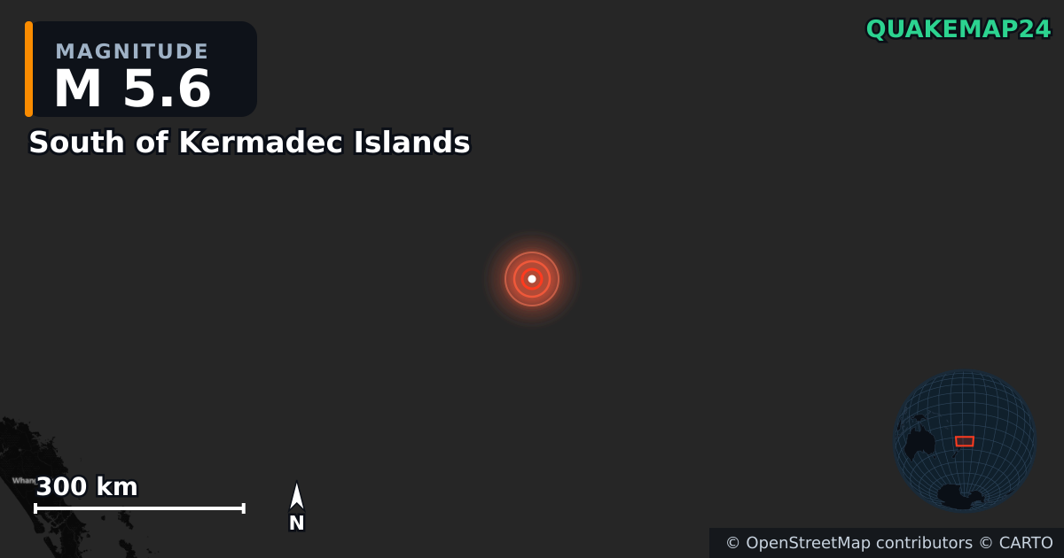 M5.6 earthquake near South of Kermadec Islands on Mar 10, 2026 — map of epicenter and shaking intensity | QuakeMap24