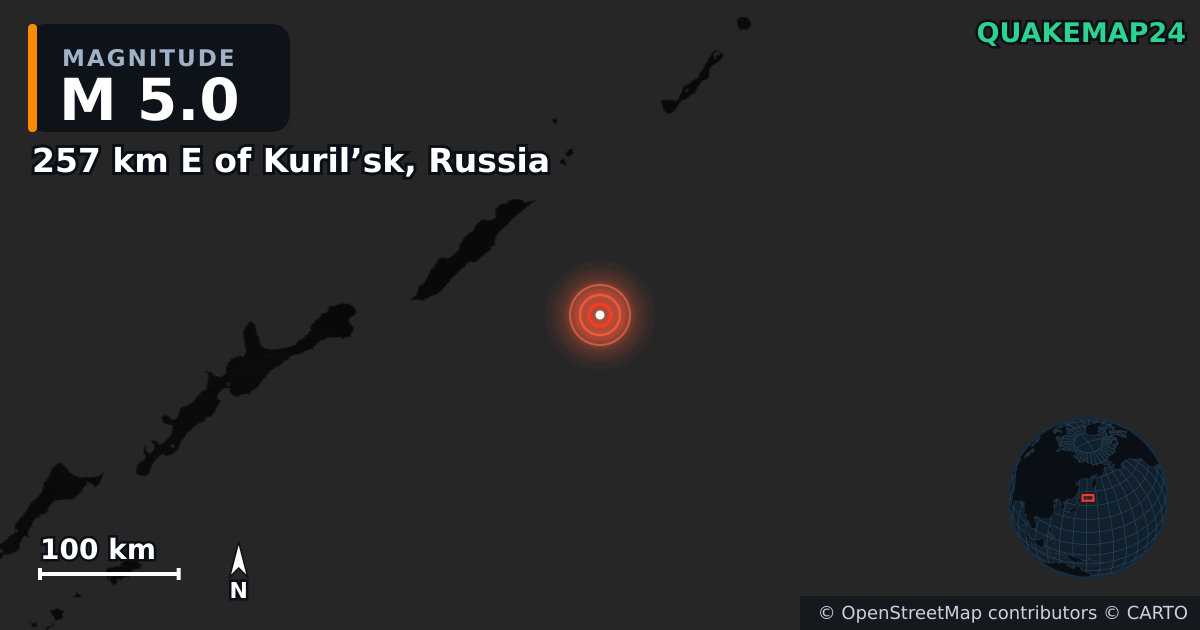M5.0 earthquake near 257 km E of Kuril’sk, Russia on Feb 14, 2025 — map of epicenter and shaking intensity | QuakeMap24