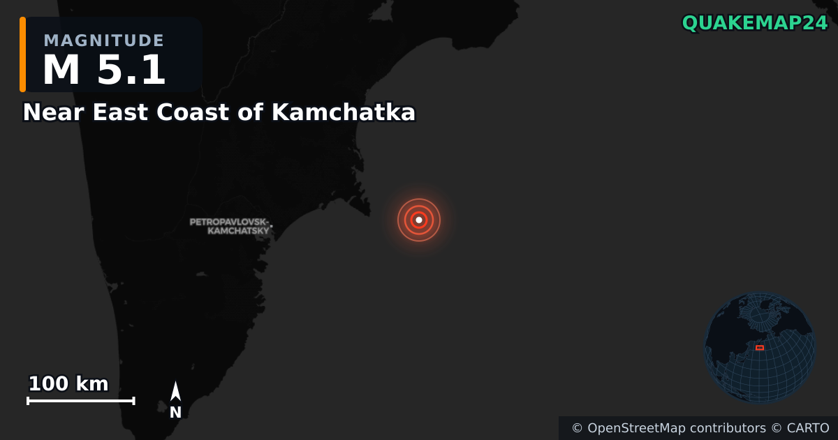 M5.1 earthquake near Near East Coast of Kamchatka on Sep 18, 2025 — map of epicenter and shaking intensity | QuakeMap24