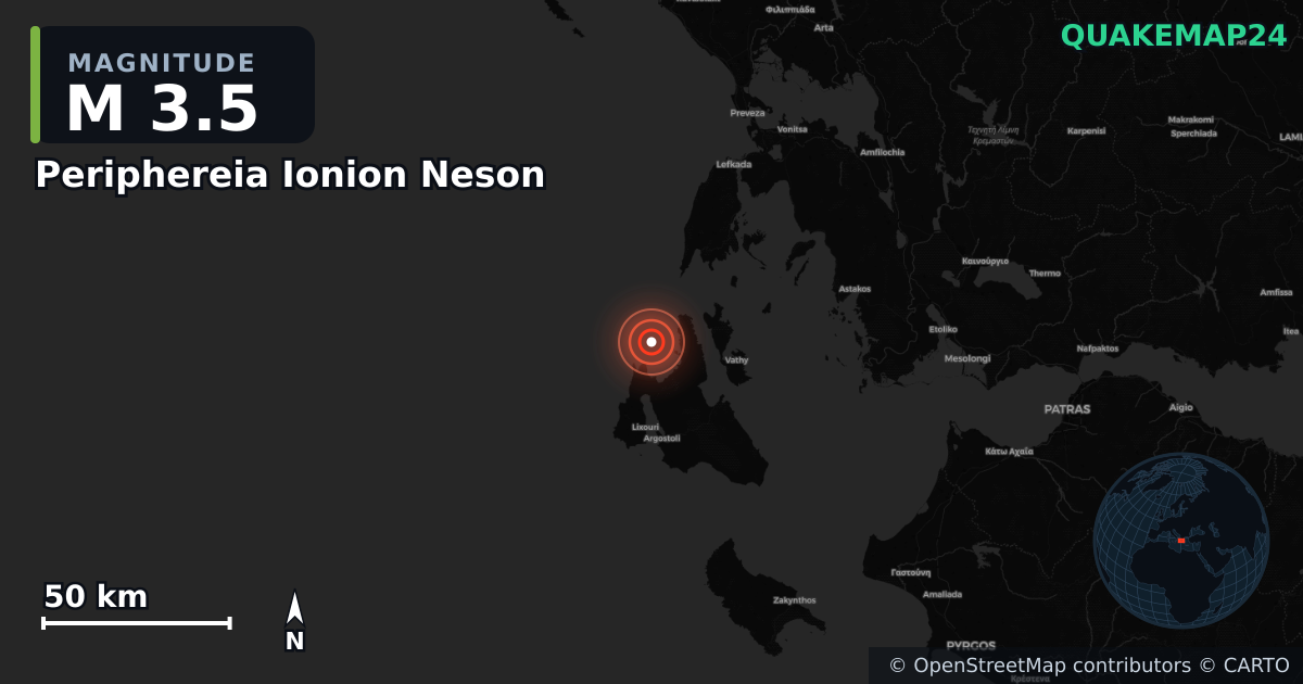 M3.5 earthquake near Periphereia Ionion Neson on Dec 18, 2025 — map of epicenter and shaking intensity | QuakeMap24
