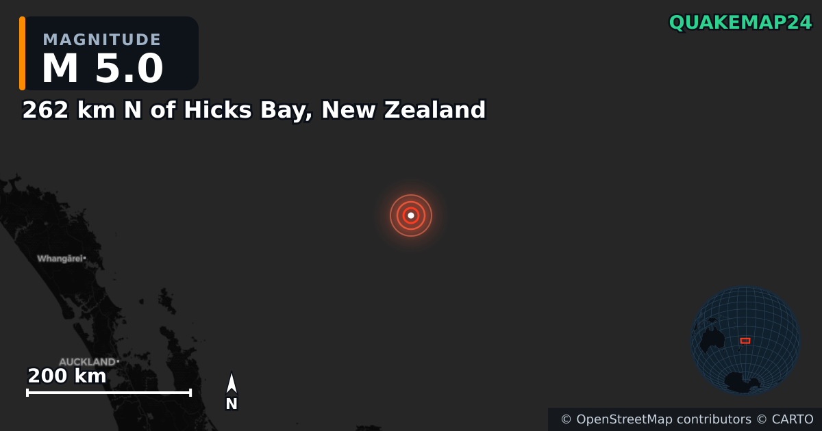 M5.0 earthquake near 262 km N of Hicks Bay, New Zealand on Feb 5, 2025 — map of epicenter and shaking intensity | QuakeMap24
