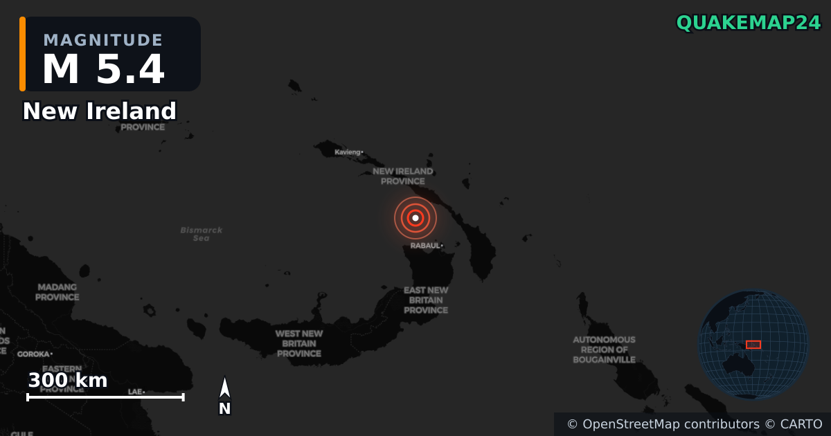 M5.4 earthquake near New Ireland on Jan 2, 2025 — map of epicenter and shaking intensity | QuakeMap24