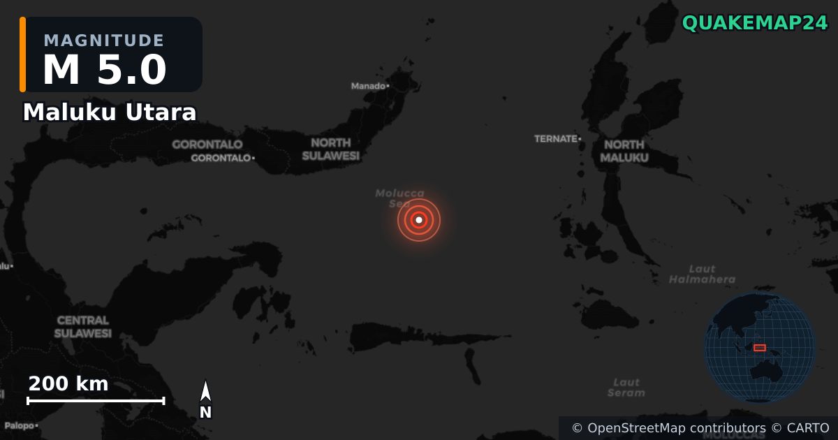 M5.0 earthquake near Maluku Utara on May 31, 2025 — map of epicenter and shaking intensity | QuakeMap24