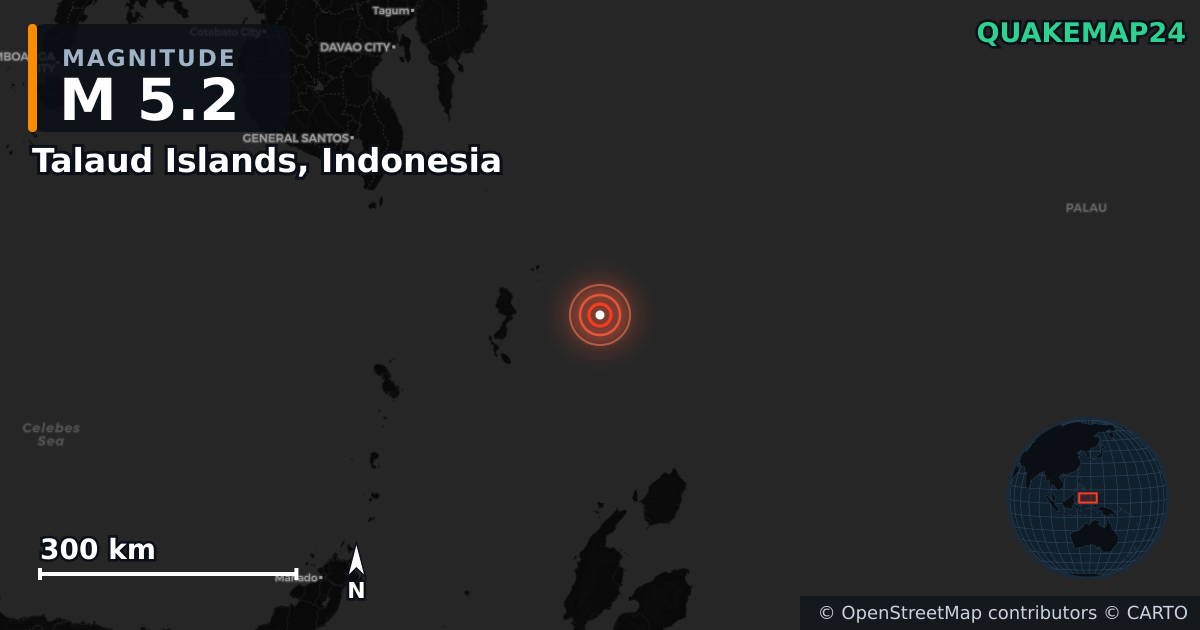 M5.2 Earthquake near Talaud Islands, Indonesia · 2025-09-18 — Map showing the location of the epicenter