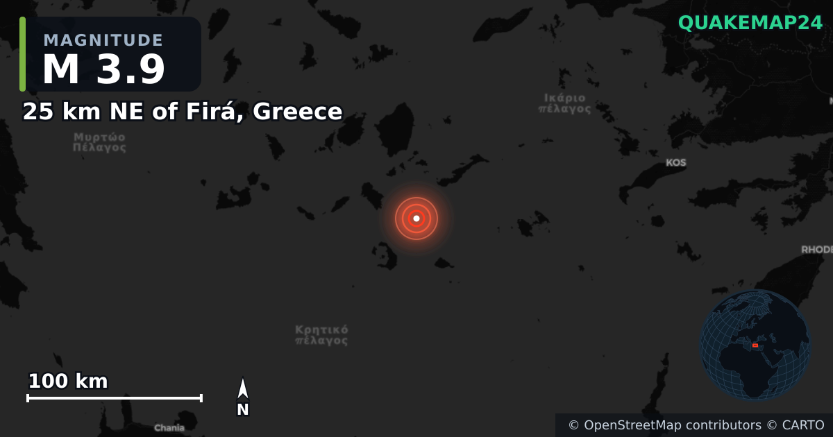 M3.9 earthquake near 25 km NE of Firá, Greece on Feb 25, 2025 — map of epicenter and shaking intensity | QuakeMap24