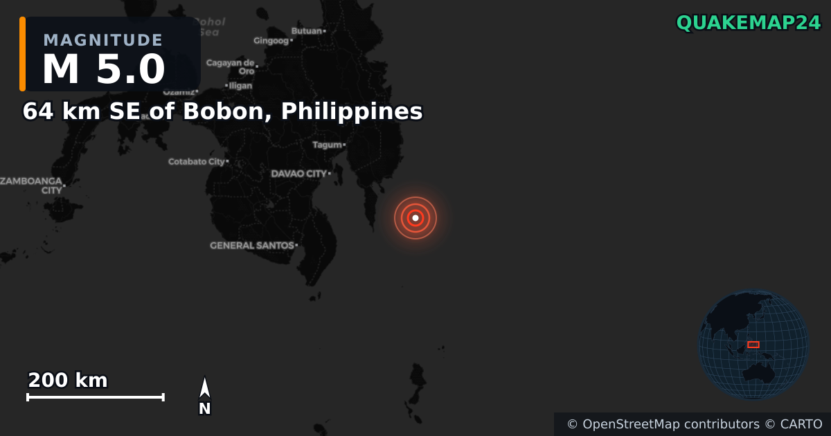 Terremoto de M5,0 cerca de 64 km SE of Bobon, Philippines — Mapa de la ubicación del epicentro