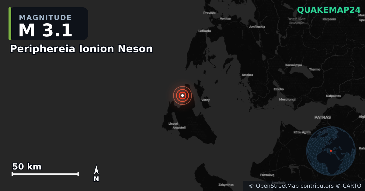 M3.1 earthquake near Periphereia Ionion Neson on Dec 17, 2025 — map of epicenter and shaking intensity | QuakeMap24