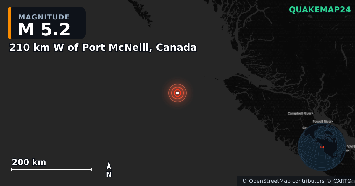 M5.2 earthquake near 210 km W of Port McNeill, Canada on Feb 25, 2025 — map of epicenter and shaking intensity | QuakeMap24