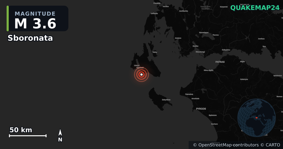 M3.6 earthquake near Sboronata on Jan 9, 2026 — map of epicenter and shaking intensity | QuakeMap24