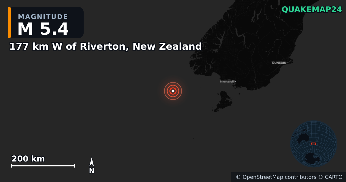 M5.4 Earthquake near 177 km W of Riverton, New Zealand · 2025-03-25 — Map showing the location of the epicenter
