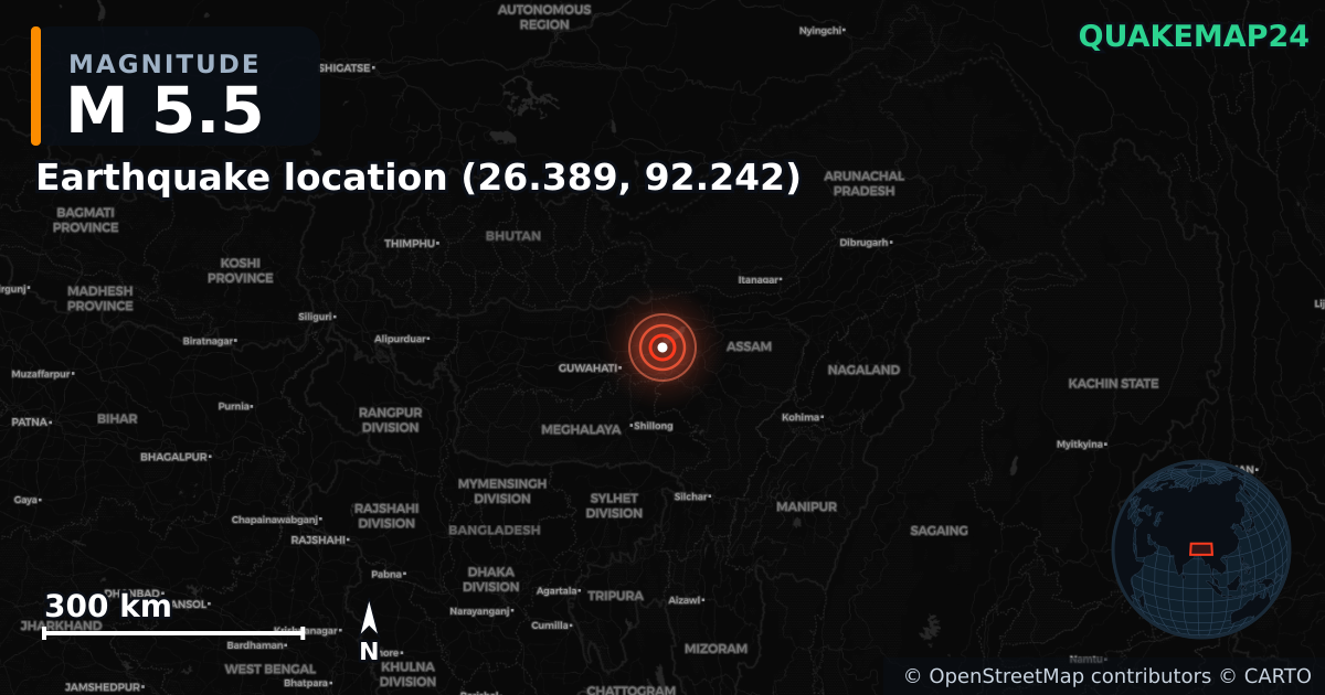 M5.5 earthquake near Erdbeben-Standort (26.389, 92.242) on Feb 26, 2025 — map of epicenter and shaking intensity | QuakeMap24