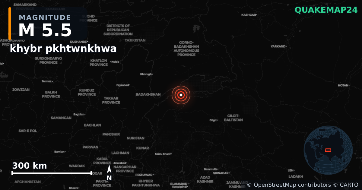 M5.5 earthquake near khybr pkhtwnkhwa on Oct 17, 2025 — map of epicenter and shaking intensity | QuakeMap24