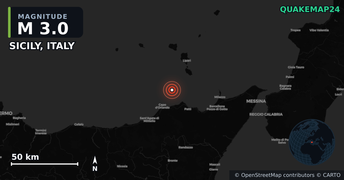M3.0 earthquake near SICILY, ITALY on Sep 24, 2025 — map of epicenter and shaking intensity | QuakeMap24