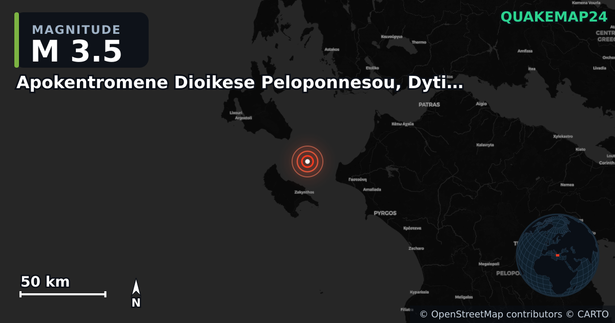 M3.5 earthquake near Apokentromene Dioikese Peloponnesou, Dytikes Elladas kai Ioniou on Nov 19, 2025 — map of epicenter and shaking intensity | QuakeMap24