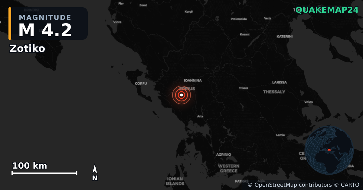 Sismo de M4,2 perto de Zotiko, Epirus (Grécia) · 2026-04-03 — Mapa da localização do epicentro