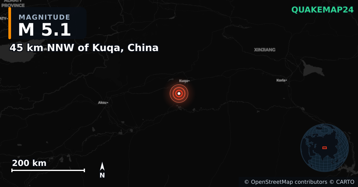 M5.1 earthquake near 45 km NNW of Kuqa, China on Mar 5, 2025 — map of epicenter and shaking intensity | QuakeMap24