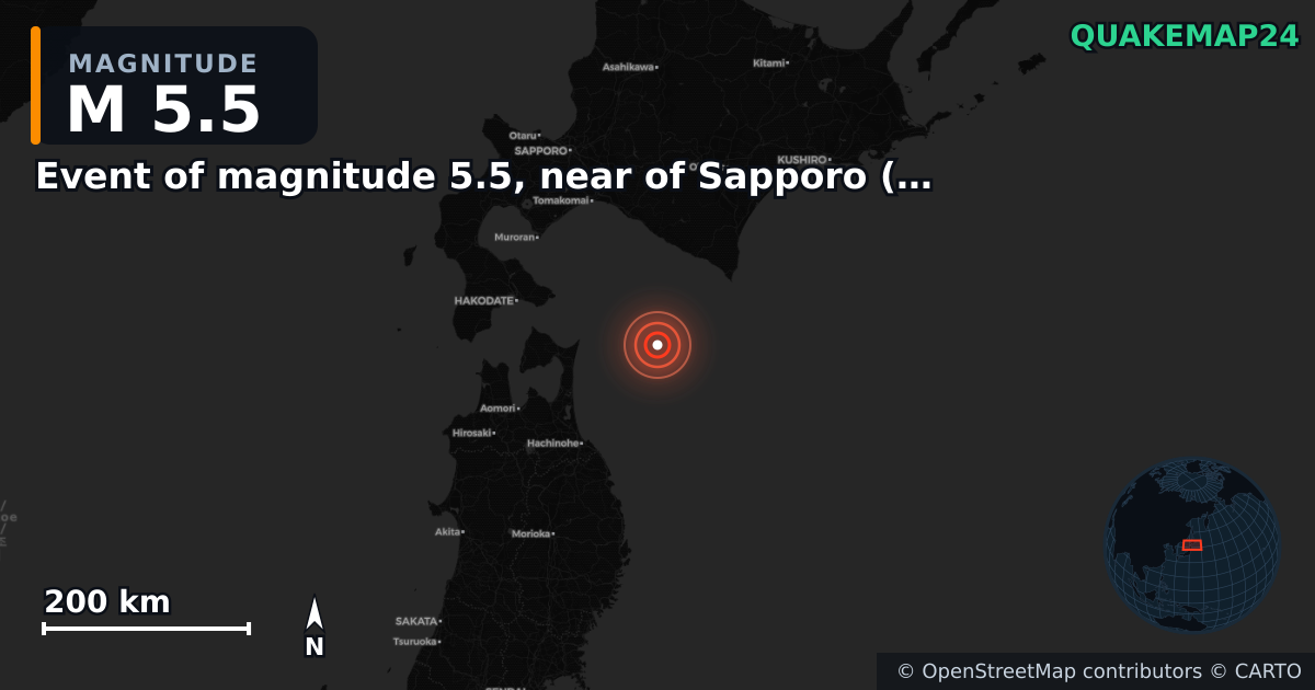 M5.5 earthquake near Event of magnitude 5.5, near of Sapporo (Monde) on Jan 16, 2026 — map of epicenter and shaking intensity | QuakeMap24