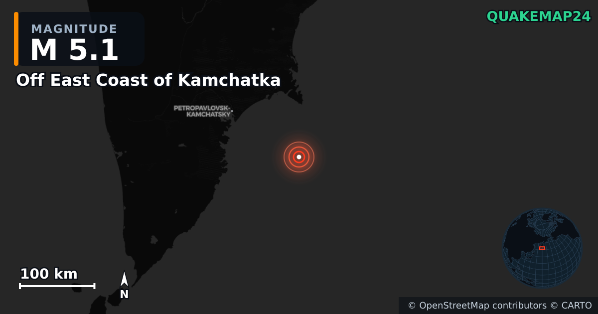M5.1 earthquake near Off East Coast of Kamchatka on Sep 19, 2025 — map of epicenter and shaking intensity | QuakeMap24
