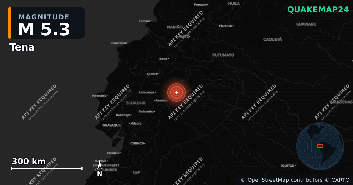 M5.3 earthquake near Tena on Jan 31, 2025 — map of epicenter and shaking intensity | QuakeMap24