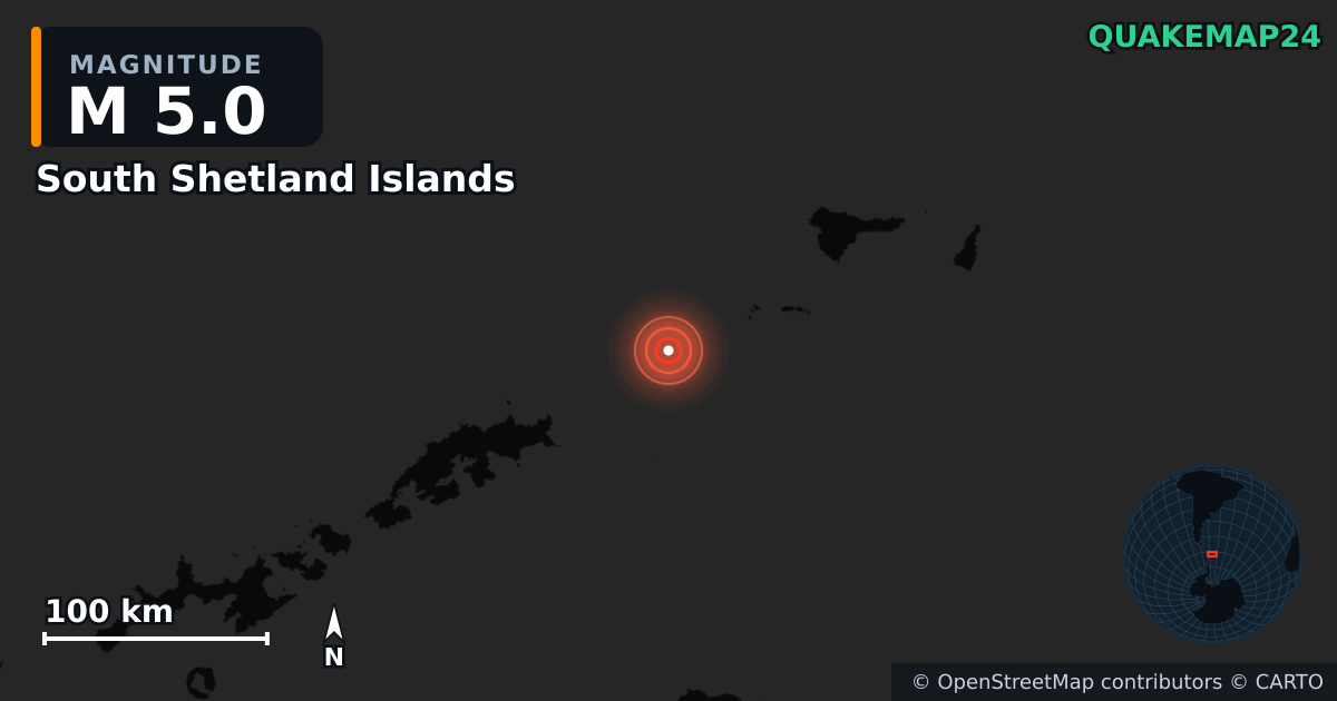 M5.0 Earthquake near South Shetland Islands · 2026-03-20 — Map showing the location of the epicenter